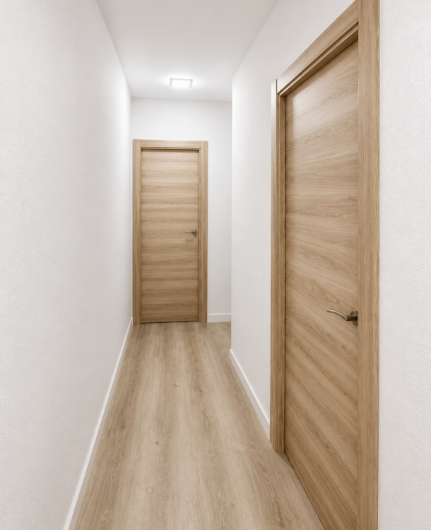 Renovamos una vivienda en Molins de Rei con suelo laminado Finfloor AC6, puertas laminadas y pintura integral. Descubre este proyecto realizado por Grup Innova.