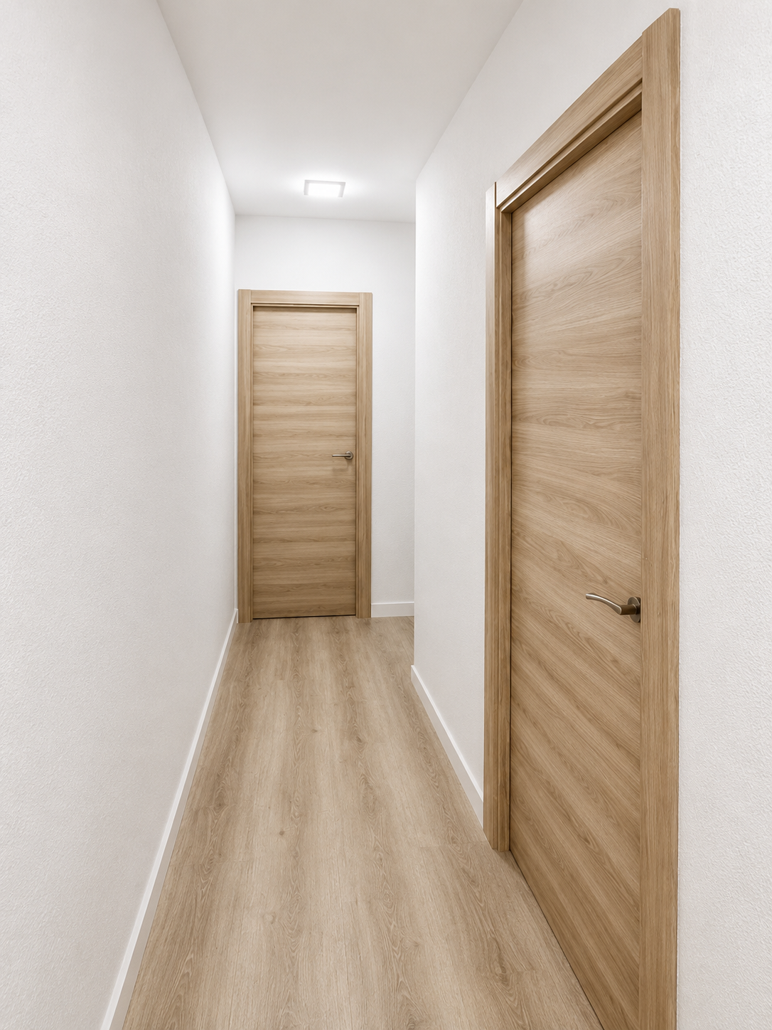 Renovamos una vivienda en Molins de Rei con suelo laminado Finfloor AC6, puertas laminadas y pintura integral. Descubre este proyecto realizado por Grup Innova.